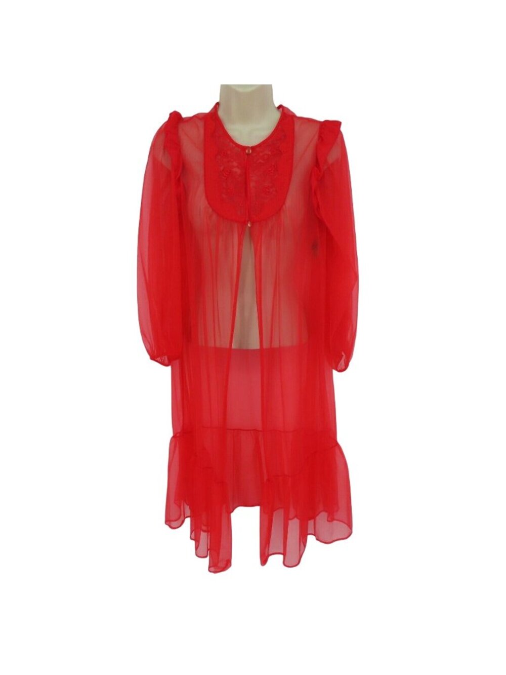 Vintage Movie Star Womens Small Red Sheer Embroidered Lace Floral Peignoir Robe